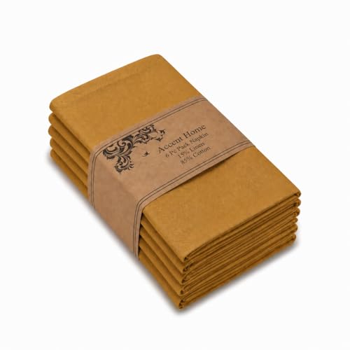 ACCENTHOME Mustard Cotton Linen Napkin Set of 6 18x18 inch Dinner Napkins - Washable Soft Premium Hotel Quality Reusable Napkins Perfect Table Napkins for Family Dinners, Weddings & Everyday Use | Cotton Linen Blend Napkins, Machine Wash On Gentle Cycle,
