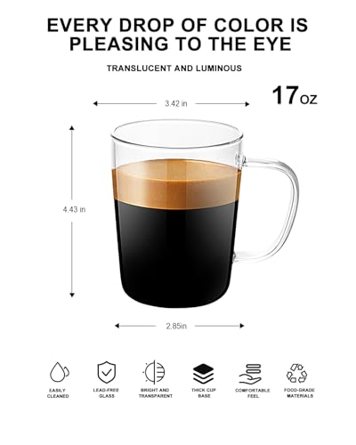 LUXU Glass Coffee Mugs, 17 oz Ice coffee cups,Large Beer Mugs Set of 4 | Everyday Drinkware,Water Glass,Glass Drink Tumblers,Bar Glassware,Borosilicate Glass Mugs with Handle for Hot/Cold Beverages - style: 17 oz coffee mugs