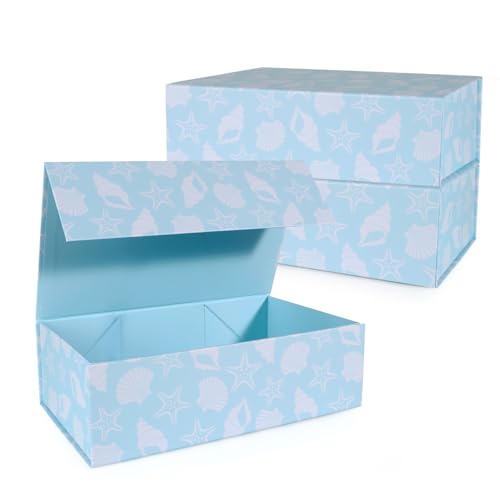 LFBOX Blue Ocean Theme Gift Box with Magnetic Lids 3 Pack | Large Bridesmaid Proposal Boxes 13.8x8.3x4.4 in, Rectangle Wedding Decorative Storage Box - color: Ocean Theme, size: 1 Count (Pack of 3)