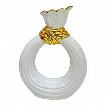 Circular Shaped Ceramic Vase White Glazed Ribbed Ceramic Vase Table Decoration for Tabletop, Floral Display, L 21.5cm W 7.5cm H 28cm - size: L 21.5cm W 7.5cm H 28cm