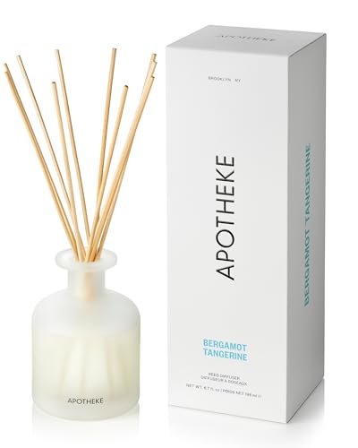 Apotheke Scented Reed Diffuser for Home, Bergamot Tangerine, 10 Reed Sticks | 10 Rattan Scent Sticks, Long-lasting Fragrance with Essential Oil Aromatherapy for Bedroom & Bathroom - 6.7 Fl Oz