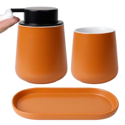 BosilunLife Ceramic Bathroom Accessories Set 3 Pcs | Foaming Soap Dispenser and Toothbrush Holder with Tray, Modern Farmhouse Vanity Decor, Orange Housewarming Gift - color: Orange, style: Foam