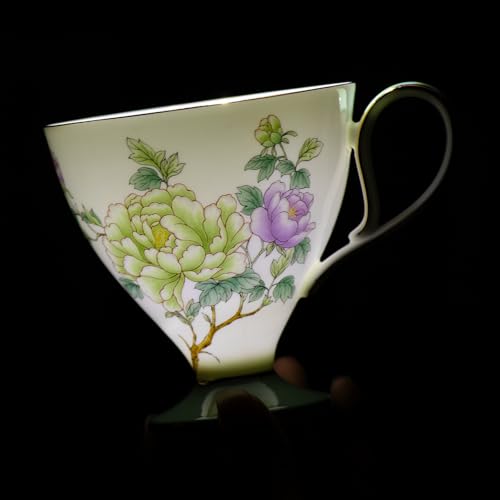 KAMMAK Ceramic Coffee Cups Saucers Set of 2, Porcelain Espresso Cups with Saucers, 8.12 oz Handcrafted Elegant Bone China Tea Cups, Purple Purple & Mint Green Flower Teacup for Party, Office, Gift - color: Green Jade + Purple Blossom