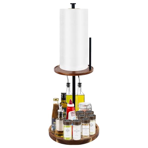 2-in-1 Spice Rack with Paper Towel Holder, Rotating Kitchen Countertop Storage, Lazy Susan Turntable Organizer, 2 Tier Wood tray for Kitchen, BBQ, Party, Tall Bottle Compatible
