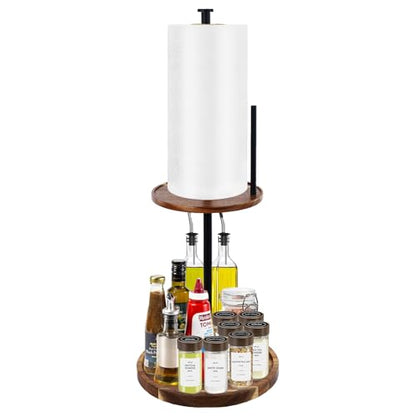 2-in-1 Spice Rack with Paper Towel Holder, Rotating Kitchen Countertop Storage, Lazy Susan Turntable Organizer, 2 Tier Wood tray for Kitchen, BBQ, Party, Tall Bottle Compatible