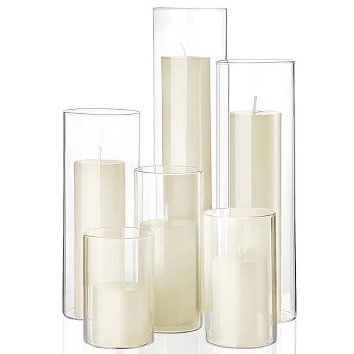 Set of 6 Pillar Candles and Glass Cylinder Vases Assorted Sizes Cylinder Holders for Pillar Candles Home Table Centerpieces Wedding Party Decorations (Ivory) - color: Ivory