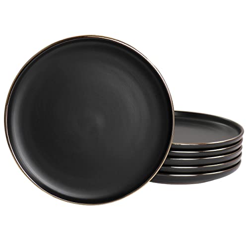 Elama Paul 6 Piece Stoneware Salad Plate Set in Matt Black with Gold Rim (Arthur Paul Salad) - color: Matte Black, size: 6 Piece Set