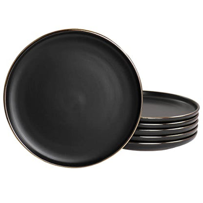Elama Paul 6 Piece Stoneware Salad Plate Set in Matt Black with Gold Rim (Arthur Paul Salad) - color: Matte Black, size: 6 Piece Set