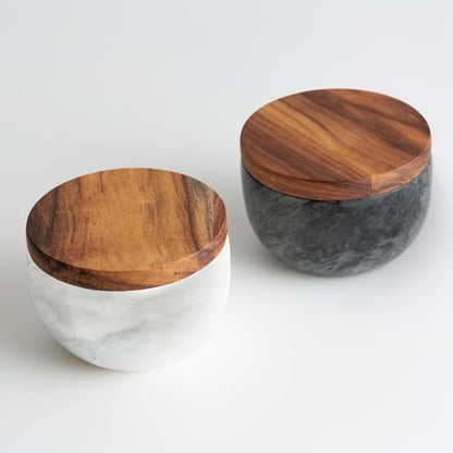 jalz jalz White Marble Salt Cellar with Wood Lid, Large 10oz & Spoon - color: Natural Cover White Base