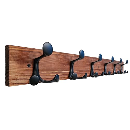 SKOLOO 36-Inch Wood Coat Rack Wall Mount with 6 Triple Hooks - Ideal for Family Entrances, Classrooms, and Pet Supplies Storage - Perfect Coat Hooks for Wall,Charred Golden Brown - color: Charred Golden Brown, size: 36 inch with 6 hooks