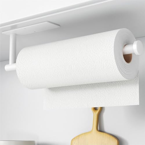 Paper Towel Holder,Self-Adhesive or Drilling， White, 1 Pack | SUS304 Stainless Steel,Kitchen Roll Dispenser Under Cabinet，Wall Mounted Rack - color: White