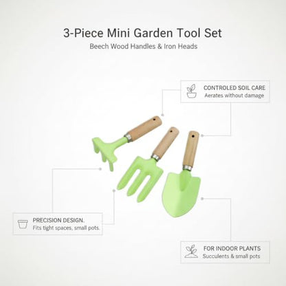 3-Piece Mini Garden Tool Set with Beech Wood Handles and Iron Heads for Indoor Plants, Succulents, and Small Pots - size: 12.6 x 4.72 x 1.57 in