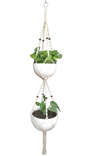 1 PCS Macrame Plant Hanger & Holder, Hanging Planter 4 Legs Double Deck for 8 inch to 10 inch Two Pots Indoor Outdoor Hanging Planter Hemp Rope 67 Inch with Metal Ring (Cotton) - color: Beige