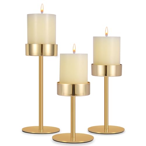 Pillar Candle Holders Set of 3, 3.15" Diameter Gold Candlestick Holder | for Pillar & Flameless Candles. Metal Ideal decoration for Table,Fireplace,Living,Dining Room,Perfect for Wedding,House Gift
