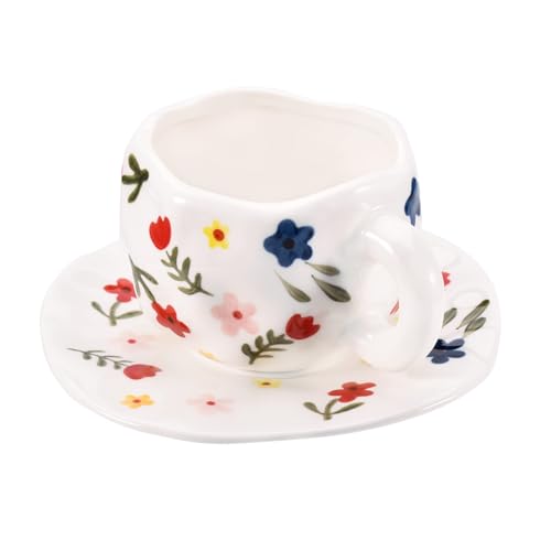 Koythin 10oz Ceramic Mug With Saucer, White Floret Latte Milk Tea Cup | 300ml Delicate Flower Cup, Microwave & Dishwasher Safe; Home Desk Decor, Women Daily Cup - color: White Floret
