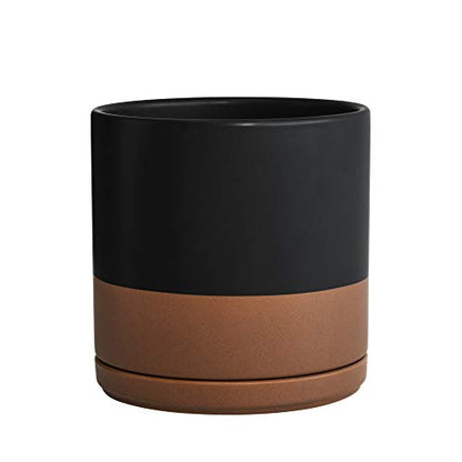 D'vine Dev 8 Inch Ceramic Planter Pot, Black/Tan, 94-O-D-7 | Modern Cylinder Design, Drainage Hole & Saucer Included, Stable Structure, Elegant Home Accent - color: Black/Speckled Tan, size: Medium