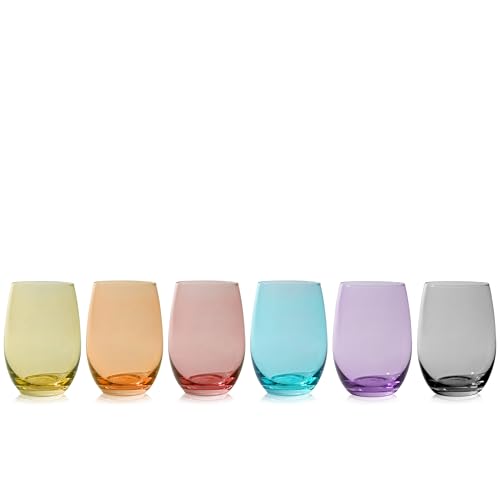 True Color Stemless Wine Glasses Gift Set, Vibrant Drinking Glasses for Wines, Cocktails, Beverages, Wedding Gifts, Housewarming Gifts, Modern Glassware, Home Bar, 18.5 oz, Set of 6, Multicolor - size: Set of 6, style: Vino Multicolor