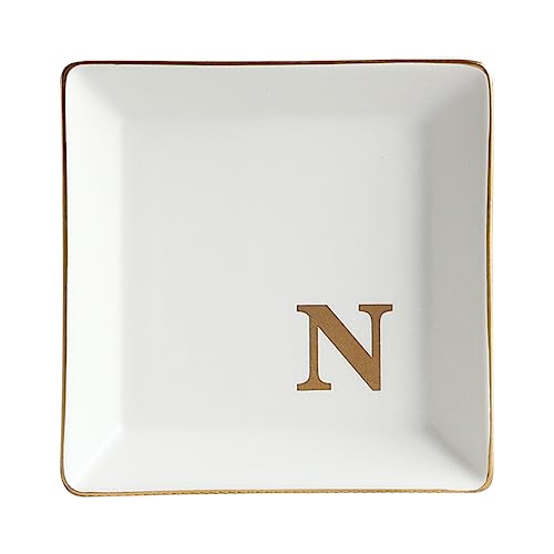 COLLECTIVE HOME - Ceramic Jewelry Tray, Monogram Decorative Trinket Dish for Rings Earrings Necklaces Bracelet Watch Keys, Birthday Mother's Day Christmas Gift for Women, 4" x 4" (N) - color: N