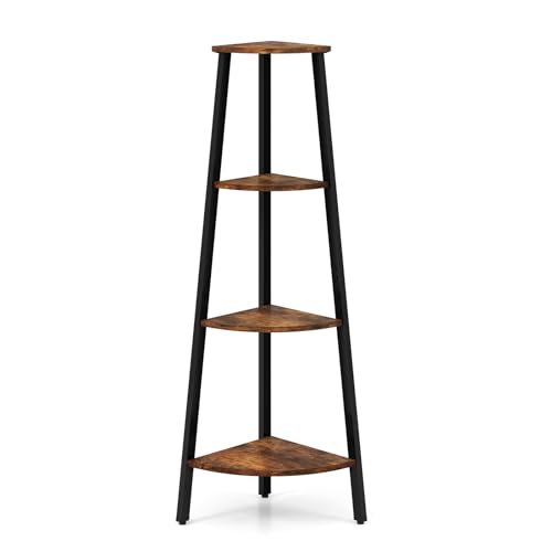 GIANTEX Corner Shelf, 4-Tier Industrial Corner Bookshelf with Metal Frame, Rustic Corner Bookcase Storage Shelves Rack, Tall Wood Corner Shelf Plant Stand for Bedroom Living Room (Rustic Brown)