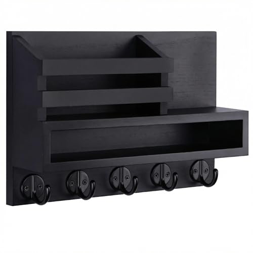 Key Rack Wall Mount - Mail Organizer with 5 Key Hooks, Paulownia Wood, 11.8x7.1 Inch, Apartment Wall Decor, Includes Mounting Accessories (Black) - color: Black
