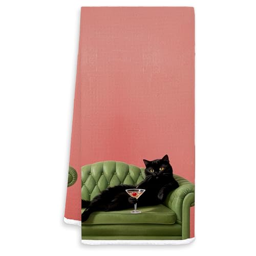 Funny Retro Black Cat Martini Kitchen Towels, Cat Lover Gifts Decorative Hand Towels for Kitchen Bar Decor, Eclectic Quirky Whimsical Cocktail Kitty Dish Tea Towel Dish, 16x24 Inch - color: White-martini