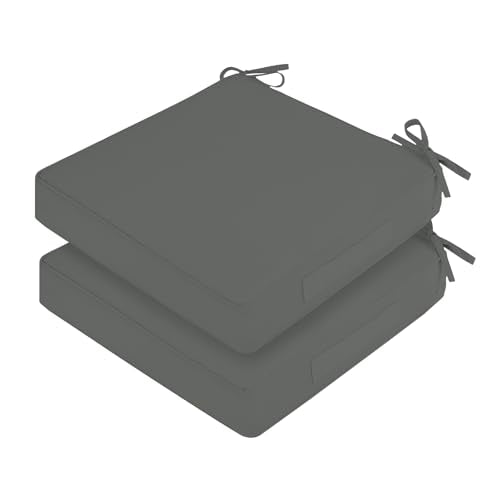 Waterproof Outdoor Chair Cushions Set of 2, Square Outdoor Seat Cushions with Ties and Removable Covers, 19 x 19 Outdoor Cushions for Patio Furniture with Portable Handle(Grey) - color: Dark Grey, size: 19x19x3