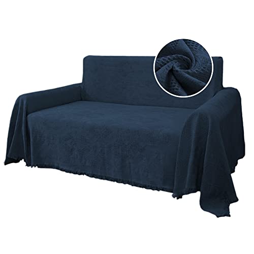 H.VERSAILTEX Cotton Sofa Covers Couch Cover Sofa Slipcover for Most Shape Sofas, Feature Thick Woven Jacquard Seamless with Tassels, Multi-Use Decorative for Couch (Large: 71" x 102", Navy) - color: Navy, size: Large