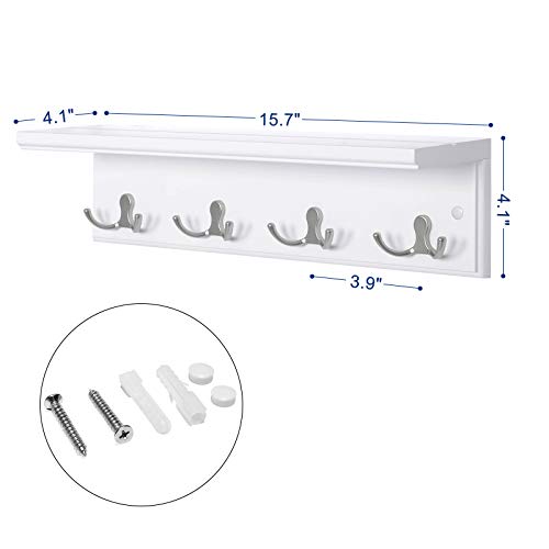SONGMICS Entryway Hanging Coat Rack, Wall-Mounted Wooden Shelf, with 4 Double Hooks, Wall Floating Shelf, White ULHR42WT - color: White, size: 1 Pack-4 Hooks, style: With Shelf