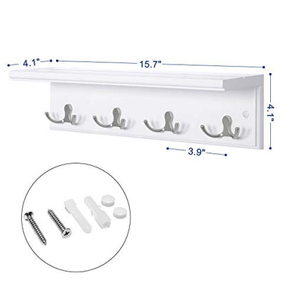 SONGMICS Entryway Hanging Coat Rack, Wall-Mounted Wooden Shelf, with 4 Double Hooks, Wall Floating Shelf, White ULHR42WT - color: White, size: 1 Pack-4 Hooks, style: With Shelf