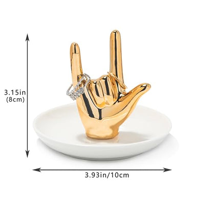 Lynagert I LOVE YOU Hand Ring Holder Dish Ceramic Jewelry Holder Dish Trinket tray for Rings Earrings Necklace Organizer, Engagement Wedding Ring Holder, Christmas Birthday Gifts (Golden) - color: Golden