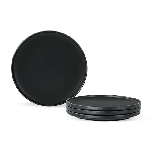Ceramic Salad & Dessert Plates Set, 8 Inch, Set of 4, Modern Black | Stoneware, Dishwasher & Microwave Safe, Small Dinner Plates, For Cake, Fruits, Waffle, Pasta, Salad - color: Black, size: Salad Plates Set (4PCS)