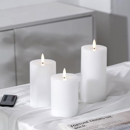 Stmarry White Flameless Candles with Remote and Timer, Real Wax Made LED Pillar Candles Battery Operated with 3D Flickering Flame - 3" x 4",5",6" - Set of 3 - color: White