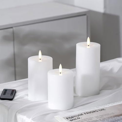 Stmarry White Flameless Candles with Remote and Timer, Real Wax Made LED Pillar Candles Battery Operated with 3D Flickering Flame - 3" x 4",5",6" - Set of 3 - color: White
