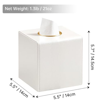 Square Tissue Box Cover with Magnetic Closure, Beige | Luxury PU Leather Tissue Holder with Gold Tone Metal Opening, Fits All Standard Cube Tissue Boxes - color: Beige