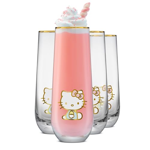 JoyJolt Hello Kitty Stay Gold Stemless Flutes, 9.4oz Drinking Glasses Set of 4, Sanrio Highball Glasses, Kawaii Hello Kitty Kitchen Glass Set Ideal for Water Juice Smoothies, Skinny Tall Glasses - style: Hello Kitty