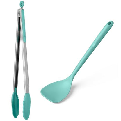 U-Taste 600ºF High Heat 16in Silicone Kitchen Tong and 600ºF Heat Resistant 13.76" Long, 3.63" Wide Wok Spatula for Kitchen Stir Fry (Aqua Sky)