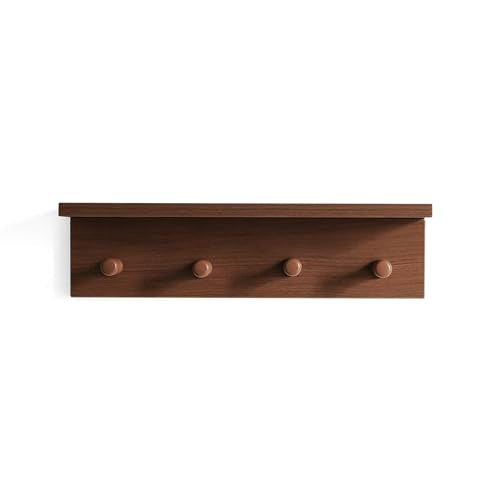 Wall Mounted Coat Rack with Shelf, Wooden Entryway Hooks, Teak Finish | Adjustable rail with movable wood hooks - color: Teak colored veneer