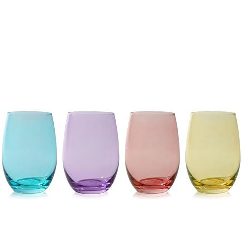True Color Stemless Wine Glasses Gift Set, Vibrant Drinking Glasses for Wines, Cocktails, Beverages, Wedding Gifts, Housewarming Gifts, Modern Glassware, Home Bar, 18.5 oz, Set of 4, Multicolor - size: Set of 4, style: Vino Multicolor