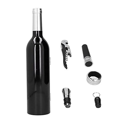 Black Wine Corkscrew Set, Wireless Bottle Opener Kit with Wine Stopper Pourer and Ring, Ergonomic Double - Hinge Cork Extractor in Bottle - Shaped Gift Box for Home Bar