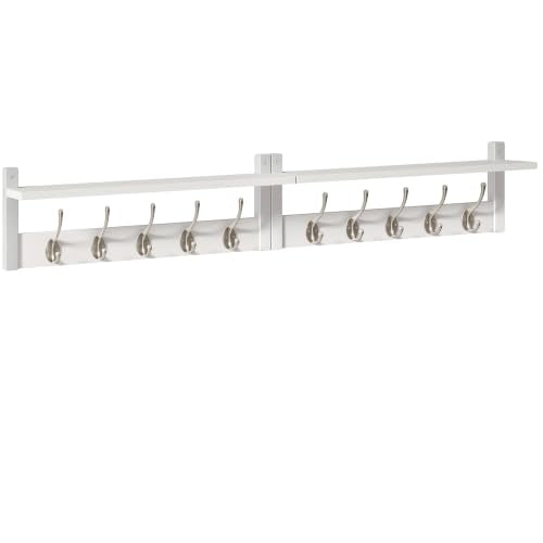 YMYNY 47.2" Coat Rack Wall Mount with Shelf and 10 Hooks, White UHWS004W-2 | 2 Pack Coat Hooks Wall Mount, Wood Wall Mounted Coat Rack with Hooks, Coat Hanger Wall Mount, Wall Hooks for Hanging - color: White