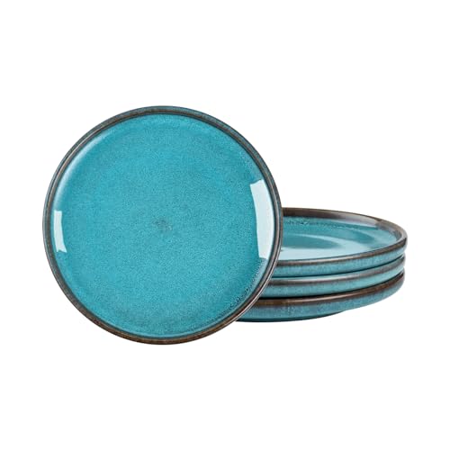 Henten Home Ceramic Dessert Plates, 8 Inch Porcelain Salad Plates Set of 4, Round Snack Plates for Kitchen, Cake Serving Stoneware Dishes, Reactive Glaze, Scratch Resistant (Aqua) - color: Aqua, size: 8 inch
