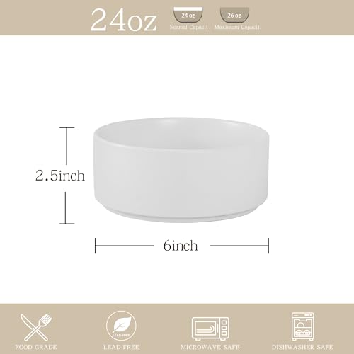 Stoneware Cereal & Soup Bowls Set of 4, 6 Inch, Matte White | Matte Glaze Ceramic, For Breakfast & Oatmeal, Microwave Safe, Dishwasher Safe - color: White, size: Cereal Bowls Set (4PCS)