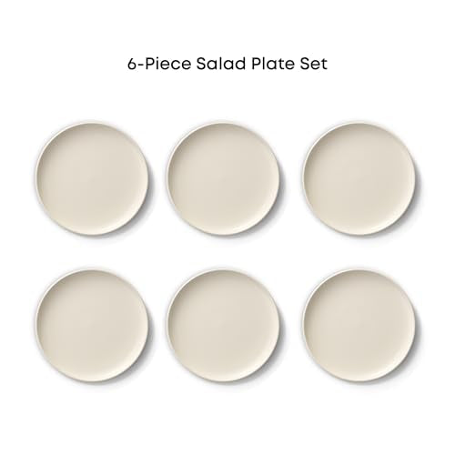 JoyJolt Mesa Stoneware Salad Plates, 8" Round Lunch Plates, Dishwasher and Microwave Safe Plate Set of 6, Modern Rustic Dinnerware, Appetizer Dessert Dinner Sides Kitchen Dishes - Matte White (Linen)