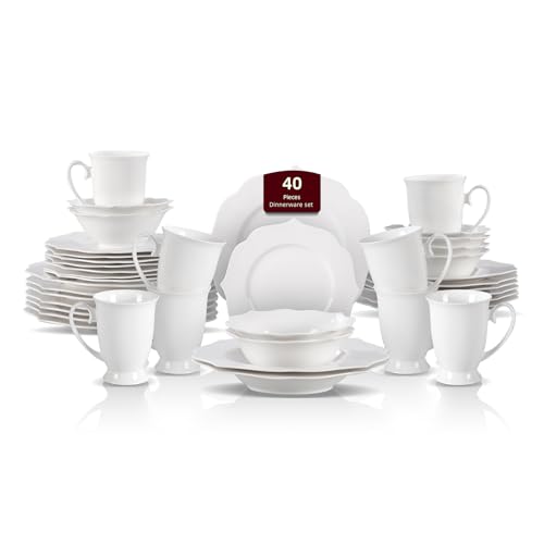 HomeVss, New Bone China Dinnerware Set, Embossed Lotus Design, 40pc Set - color: Lotus, size: Service for 8 - 40pc Set