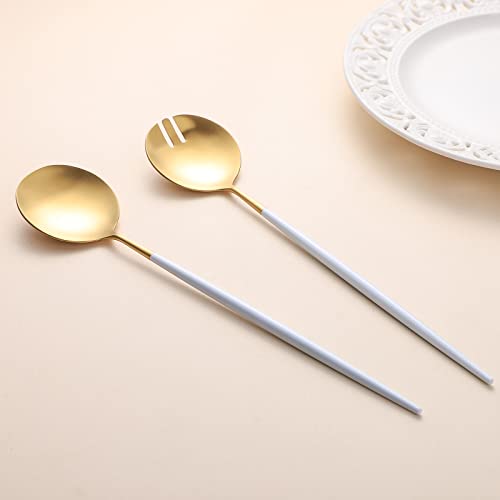 Salad Servers,Spoon and Fork Set 11.41 inch,18/10 Stainless Steel Salad Serving Titanium Plating (White gold) - color: White/Gold