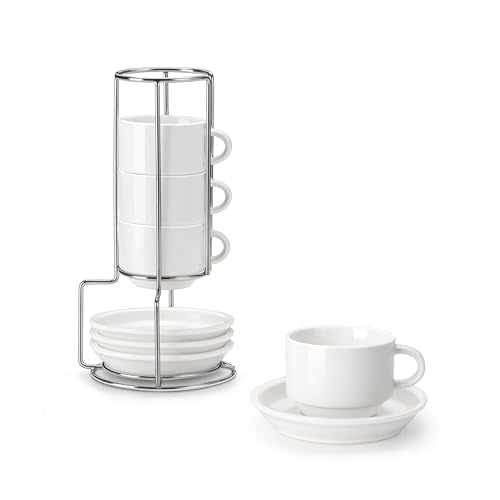 MALACASA 2.5 OZ Porcelain Espresso Cups with Saucers and Metal Stand Set of 4, Stackable Cappuccino Cups, White Expresso Shots Cup Set for Coffee Drinks, Latte, Tea - color: White, size: 2.5 Oz