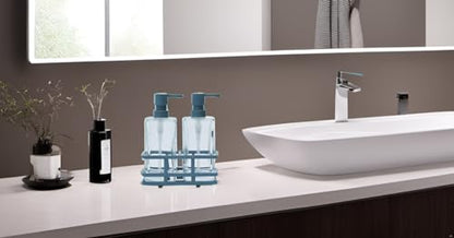 Square 3 Piece Glass Clear Lotion and Soap Pump Dispenser Set with Metal Stand Caddy for Bathroom Bath Kitchen Home Office Travel Hotel Hand Crafted Heavy Weight Spa Blue - color: Spa Blue