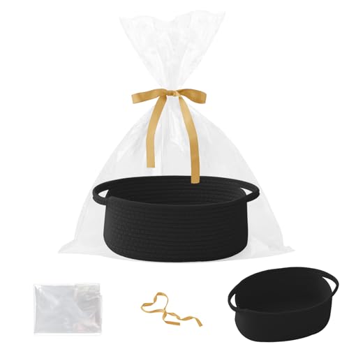 Black Woven Rope Basket - Baby Gift Basket with Bag & Ribbon | Cotton rope with handle, 12x8x5 in, gift bag and ribbon, for baby shower, birthday, toy storage, nursery, shelf decor - color: Black