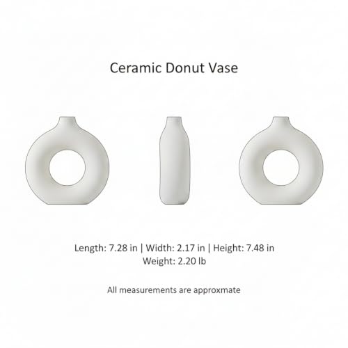 Ceramic Donut Vase, White Sculptural Ring Centerpiece for Shelf Mantel Desk Display (1 PC) - size: 7.28 x 2.17 x 7.48 in
