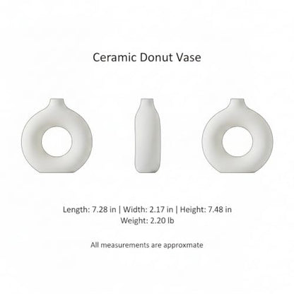Ceramic Donut Vase, White Sculptural Ring Centerpiece for Shelf Mantel Desk Display (1 PC) - size: 7.28 x 2.17 x 7.48 in